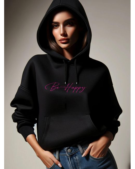 Rmk Black Hoodie Kapuzenpullover Pullover Loose Fit Oversize Be Happy Glücklich mit Kapuze