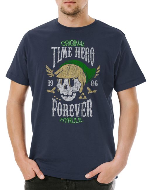 Urban Backwoods Print- Time Hero Forever T-Shirt Legend Fan Hyrule Nerd Zelda Game in Blue für Herren