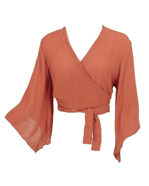 Guru-Shop Orange Longbluse Kurztop, Boho Blusentop, Wickeltop, Wickelbluse.. alternative Bekleidung