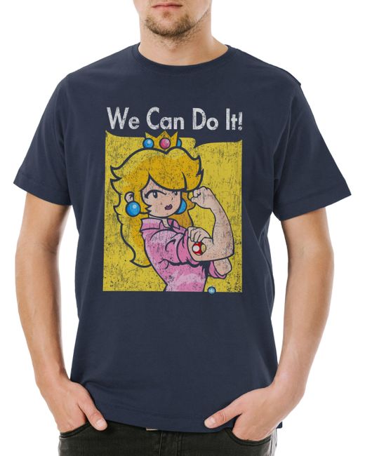 Urban Backwoods Print- We Can Do It Princess T-Shirt Super Gamer Games Geek Mario Nerd in Blue für Herren