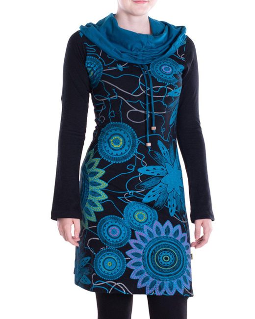 Vishes Blue Tunikakleid Mandala-Kleid Schal-Kragen Langarm-Shirtkleid Baumwollkleid Alternative Bekleidung