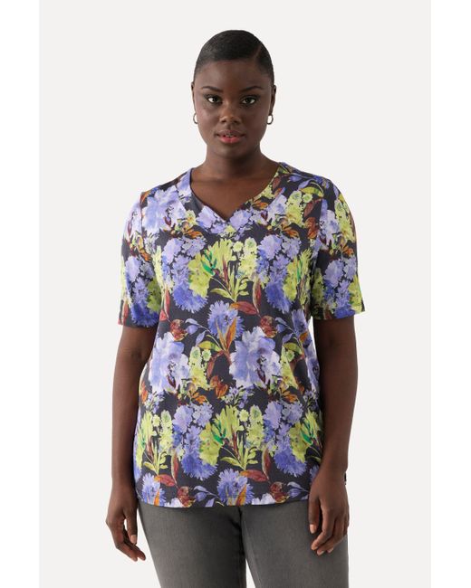 Ulla Popken Blue T-Shirt Slinkyshirt Blüten Classic V-Ausschnitt Halbarm