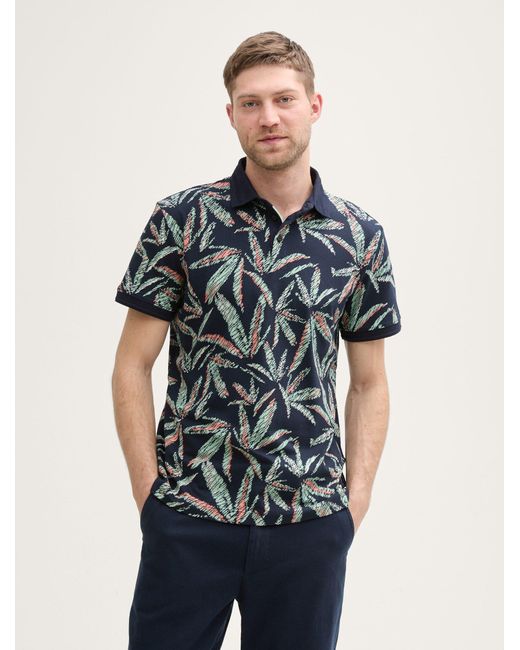 Tom Tailor Piqué Poloshirt mit Palmen-Print in Black für Herren