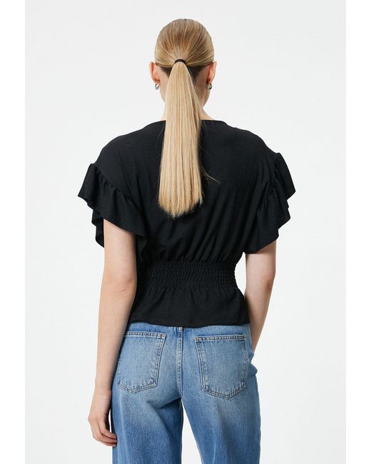 Koton Black Kurzarmbluse Kurzärmelig Rundhalsausschnitt Bluse