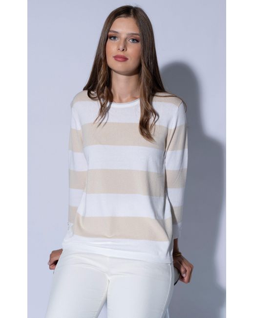 Passioni White Streifenpullover Beige-Weiß gestreifter Pullover mit Rundhalsausschnitt und 7/8 Ärmeln