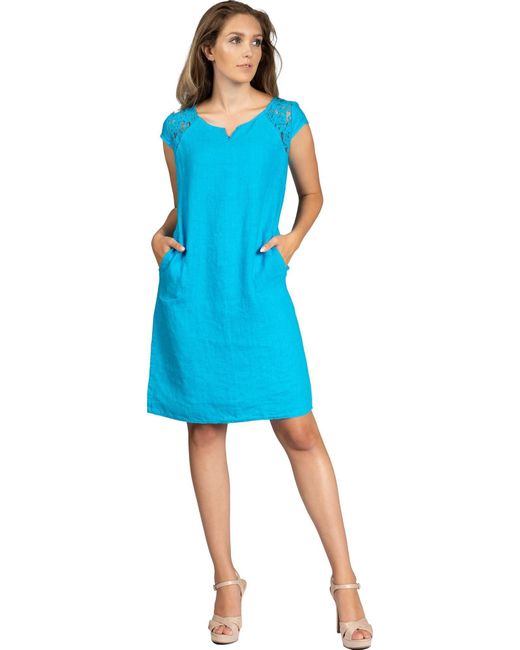 Caspar Blue Sommerkleid SKL042 Sommer Leinenkleid mit dezentem Spitzeneinsatz Luftig leicht