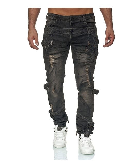 KINGZ Slim-fit- Designer Jeans mit doppeltem Bund in Black für Herren