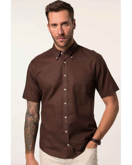 JP1880 Kurzarmhemd Hemd Halbarm Leinenmix Buttondown-Kragen in Brown für Herren