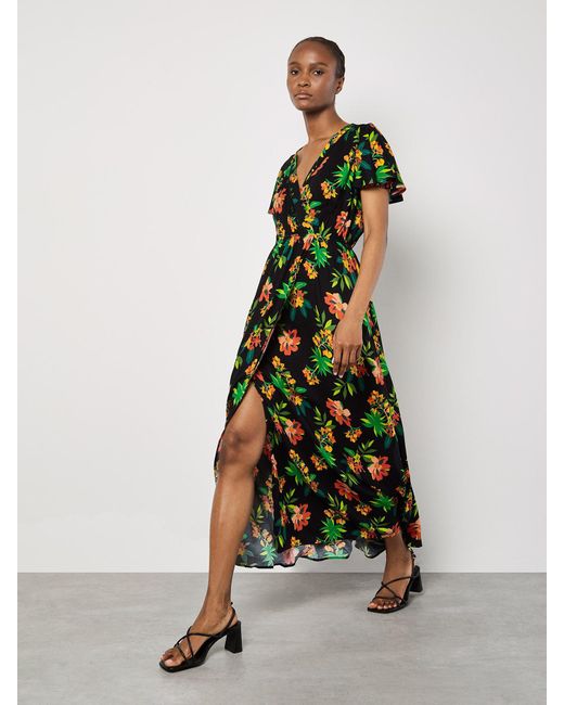 Apricot Green Druckkleid Tropisches Maxikleid, in Wickeloptik