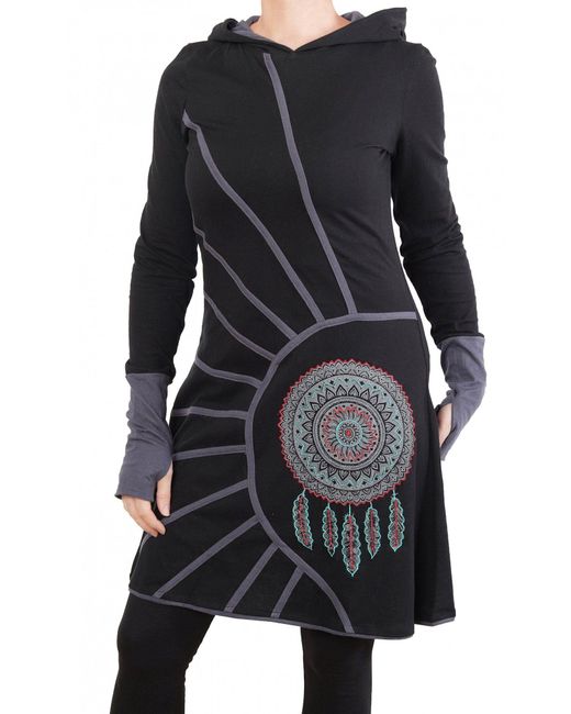 PUREWONDER Black Shirtkleid Langärmliges Kapuzenkleid aus Jersey Ganzjahreskleid