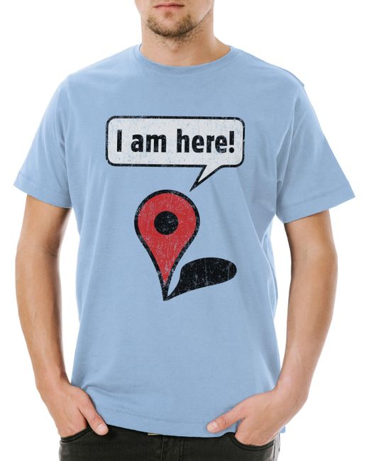 Urban Backwoods Print- I Am Here! T-Shirt Hellblau Größe 2XL (1-tlg) Ich Bin Hier Zeichen in Blue für Herren