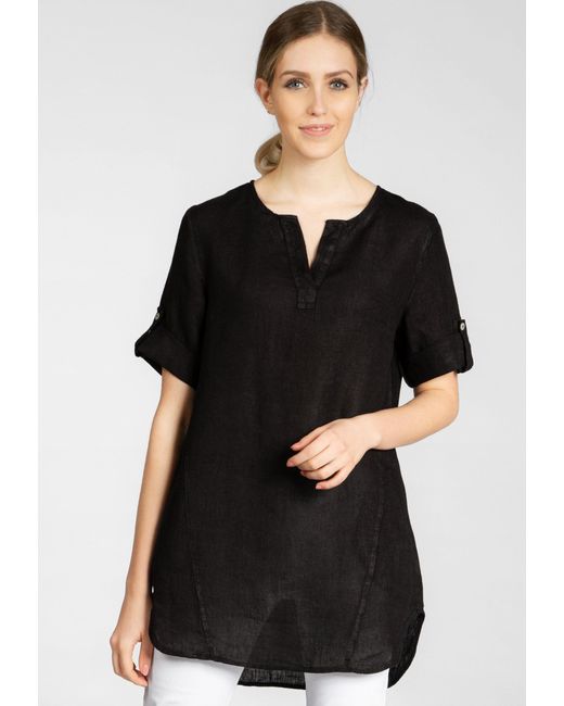 Caspar Black Longbluse BLU023 lange elegante Halbarm Sommer Leinenbluse