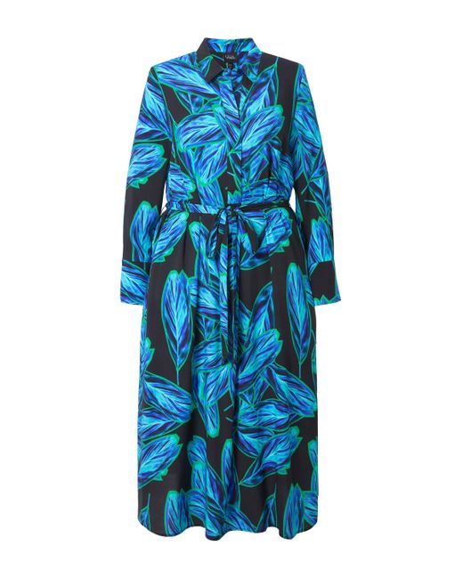 Ulla Popken Blue Midikleid Maxikleid Blätter A-Linie Hemdkragen Langarm