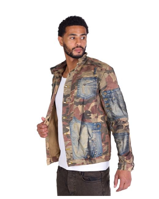 KINGZ Jeansjacke Patchwork Designerjacke Camouflage L in Brown für Herren
