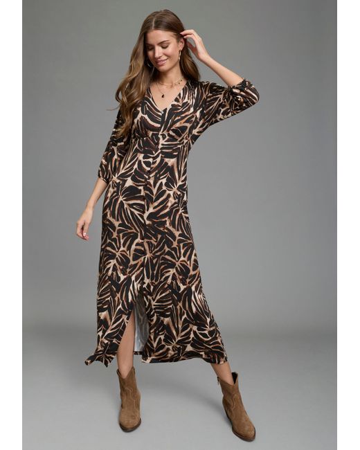Laura Scott Gray Maxikleid mit Zierknopfleiste und Alloverprint in angesagten Naturtönen