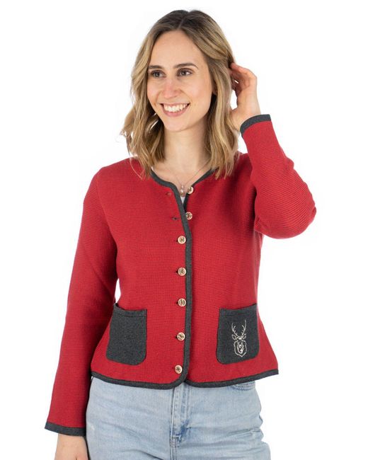 OS-Trachten Red Strickjacke Enkeyo Trachtenjacke mit aufgesetzten Taschen, Hirsch-Stick auf linker Brust