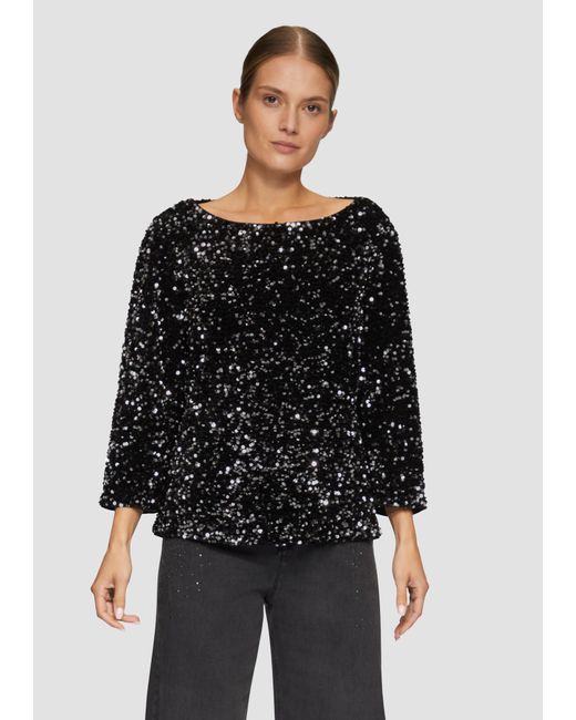 S.oliver Black Langarmbluse Samtbluse mit Pailletten-Besatz Schlitz