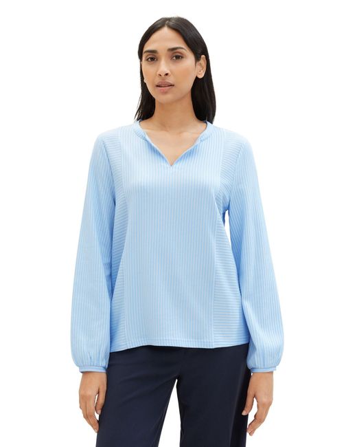Tom Tailor Blue Blusenshirt Langärmlige V-Ausschnitt und feinen Streifen Bluse mit Streifenmuster