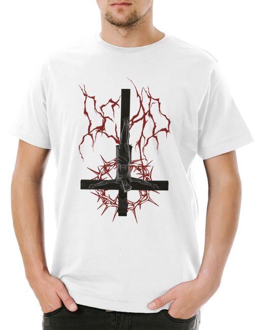 Urban Backwoods Print- Inverted Jesus Cross T-Shirt Umgedrehtes Symbol Pentagram in White für Herren