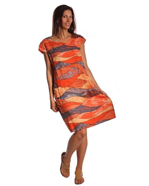 Charis Moda Orange Sommerkleid Leinenkleid "Colourwaves" A-Linie kurzarm