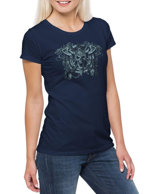 Urban Backwoods Blue Print- Viking Skull Circle T-Shirt Walhalla Odhin Wotan Thor Vikings