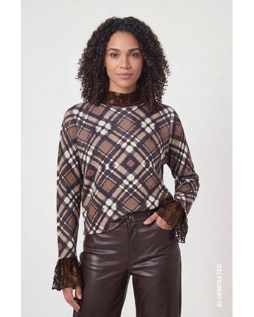 Monari Brown Strickpullover Pullover Karo All Over Regular Fit Mit Karomuster