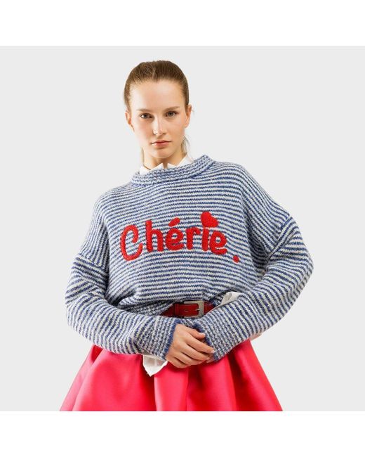 suebidou Blue Rundhalspullover Wünderschöner Pulli mit Chérie Statement blau weiß nachhaltig