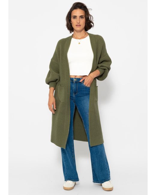 SassyClassy Green Oversize Strickjacke lang mit Taschen Winter Maxi Cardigan aus Grobstrick Elegant Schwarz Beige Grau Khaki