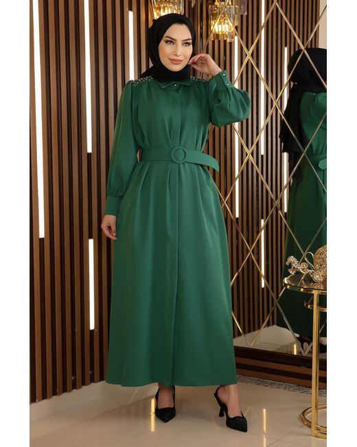Moda Mihram Green Maxikleid Stein Detail Gürtelkleid