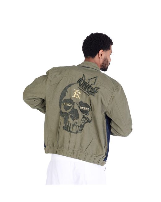 KINGZ Lässige Jeansjacke mit Rins XXL Totenkopf Bestickung in Green für Herren