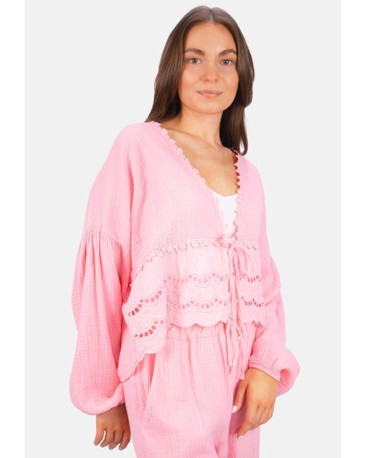Seasons of April Pink Shirtbluse LAURA Musselin Bluse mit Spitze & Bindeband – im Boho Stil Frühling/Sommer