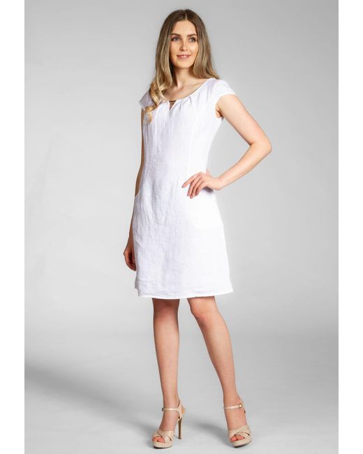 Caspar White Sommerkleid SKL020 knielanges Sommer Leinenkleid mit eleganter Metallspange Luftig leicht