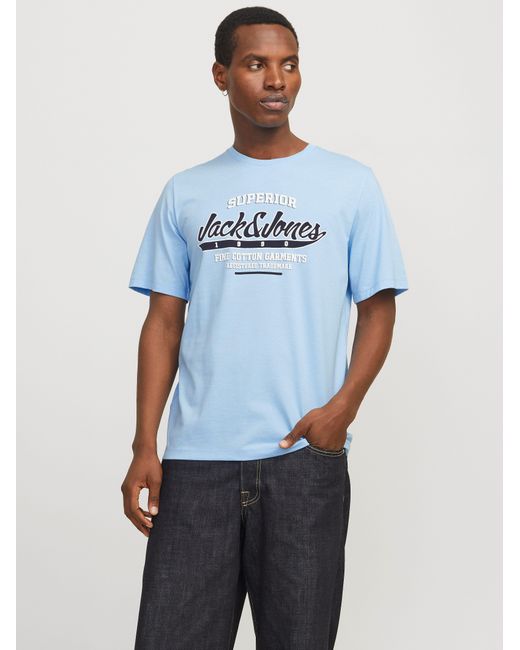 Jack & Jones Rundhalsshirt JJELOGO TEE SS O-NECK 2 COL SS25 SN mit Logo Print in Blue für Herren