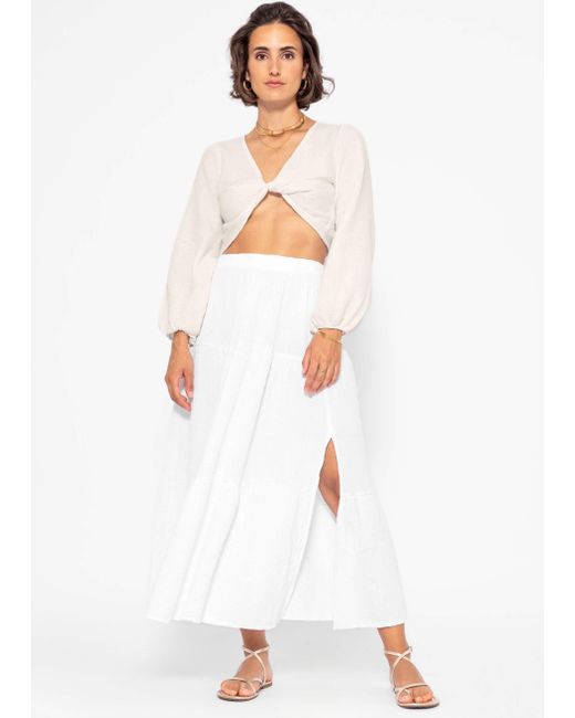 SassyClassy White Minirock Maxi High Waist Volants Musselinrock mit Schlitz Lockerer A-Linien Rock lang