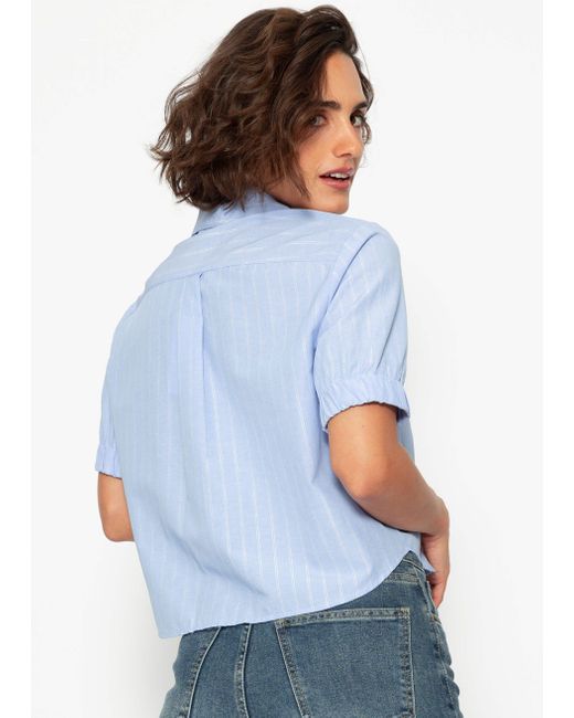 SassyClassy Blue Crop Kurzarmbluse Lurexstreifen elegant Kurze Bluse gestreift mit Kragen kurzarm aus Baumwollmischung Hellblau