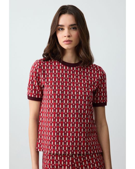 Jimmy Key Red Strickpullover Geometrisch gemusterte Strickbluse mit Rundhalsausschnitt und kurzen Ä