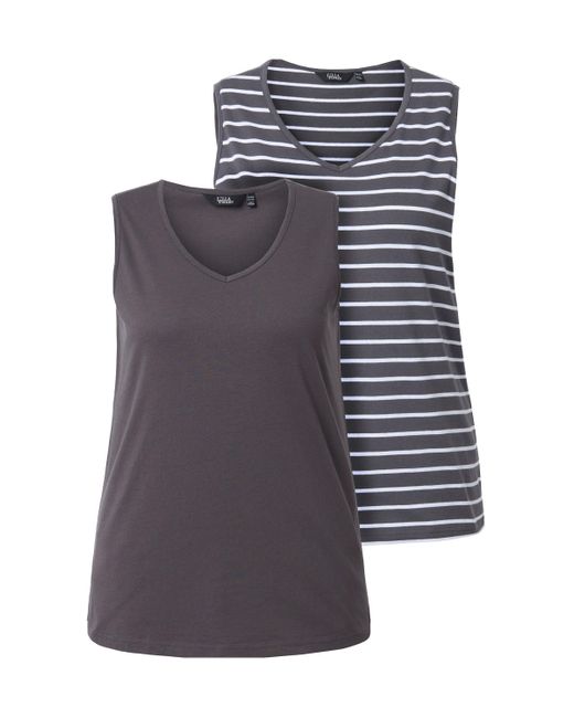 Ulla Popken Gray Longtop Top 2er-Pack Ringel/uni V-Ausschnitt ärmellos (2-tlg)