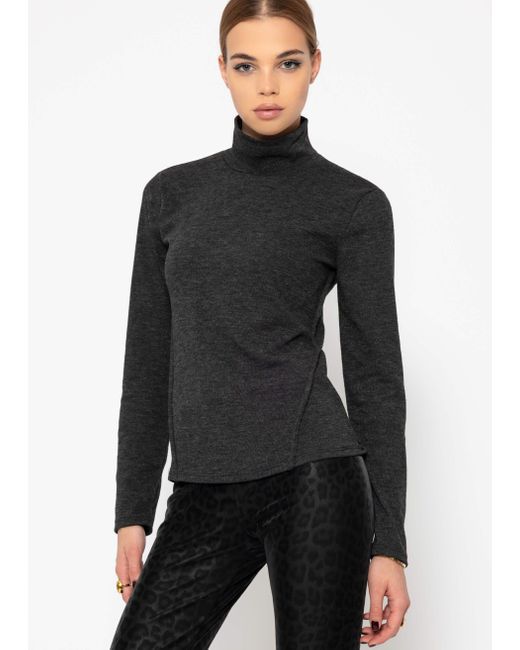 SassyClassy Black Geripptes Langarmshirt mit Zeirnähet elegant Rollkragen-Shirt in Rippstruktur aus Jersey Material Taupe Grau
