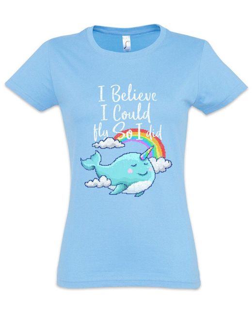 Urban Backwoods Blue Print- Believe Could Fly So I Did T-Shirt Pixel Unicorn Geek Nerd