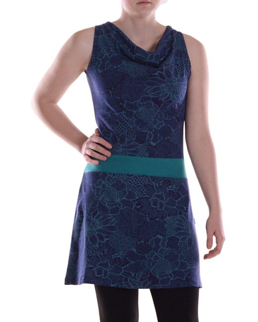 Vishes Blue Sommerkleid A-Linie Baumwolle Blumen-Muster Wasserfall-Ausschnitt Taschen Alternative Bekleidung
