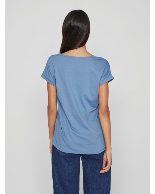 Vila Blue Rundhalsshirt VIDREAMERS NEW PURE -/SU-NOOS Basic -T-Shirt mit Rundhalsausschnitt und umgeschlagenen Ärmeln