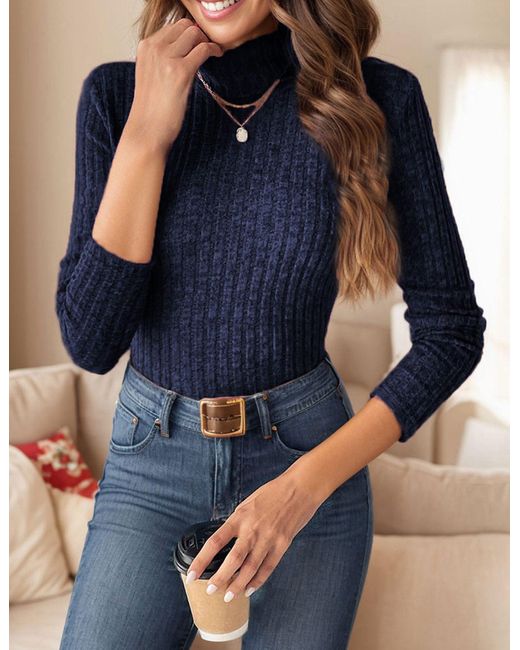 LUCKZON Blue Rollkragenpullover Rollkragen Langarmshirts mit Rippenmuster