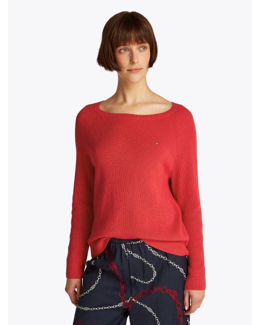 Tommy Hilfiger Red Strickpullover CO CARDI FINE GG LS BOAT-NK SWT mit Raglanärmel, Logostickerei