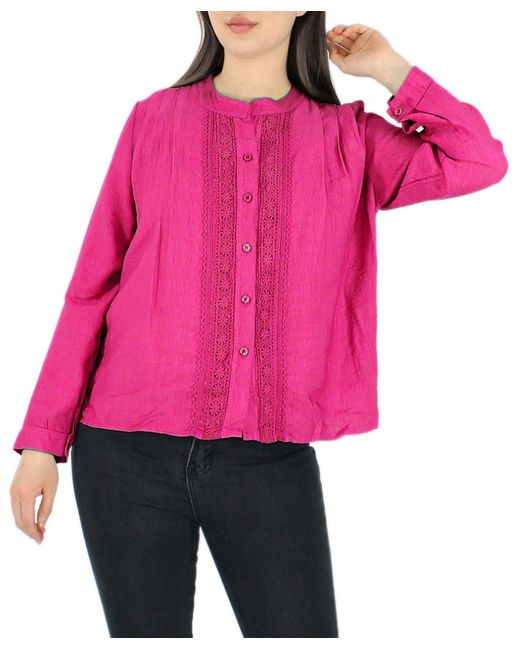dy_mode Pink Langarmbluse bluse – Stilvolle Tunika mit Spitzenbesatz Unifarben in Unifarbe