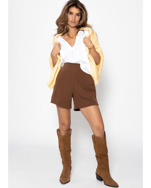 SassyClassy Brown Figurbetonte Shorts Elegant Sommer Winter High-Waist kurze Hose mit seitlichem Reisßverschluss Taupe Schwarz