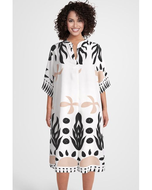 PEKIVESSA White Sommerkleid Weites Blusenkleid wadenlang kurzarm mit Stehkragen in A-Linie