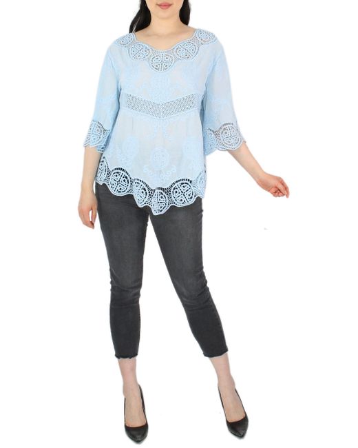 dy_mode Blue Tunika 3/4 Arm Spitze – Leichte Baumwoll Bluse für Sommer mit Häkel-Einsätzen