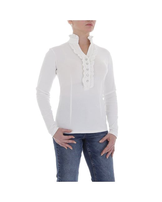 Ital-Design White Langarmbluse Elegant (85915901) Rüschen Stretch Top & Shirt in Weiß