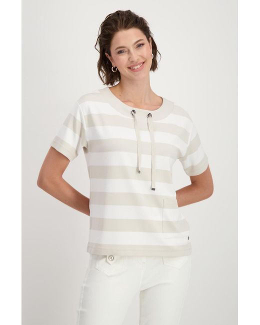Monari White T-Shirt, light sand gemustert