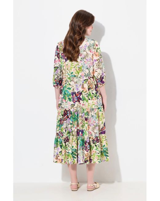 Ulla Popken White Maxikleid Stehkragen V-Ausschnitt 3/4-Arm Knöpfe